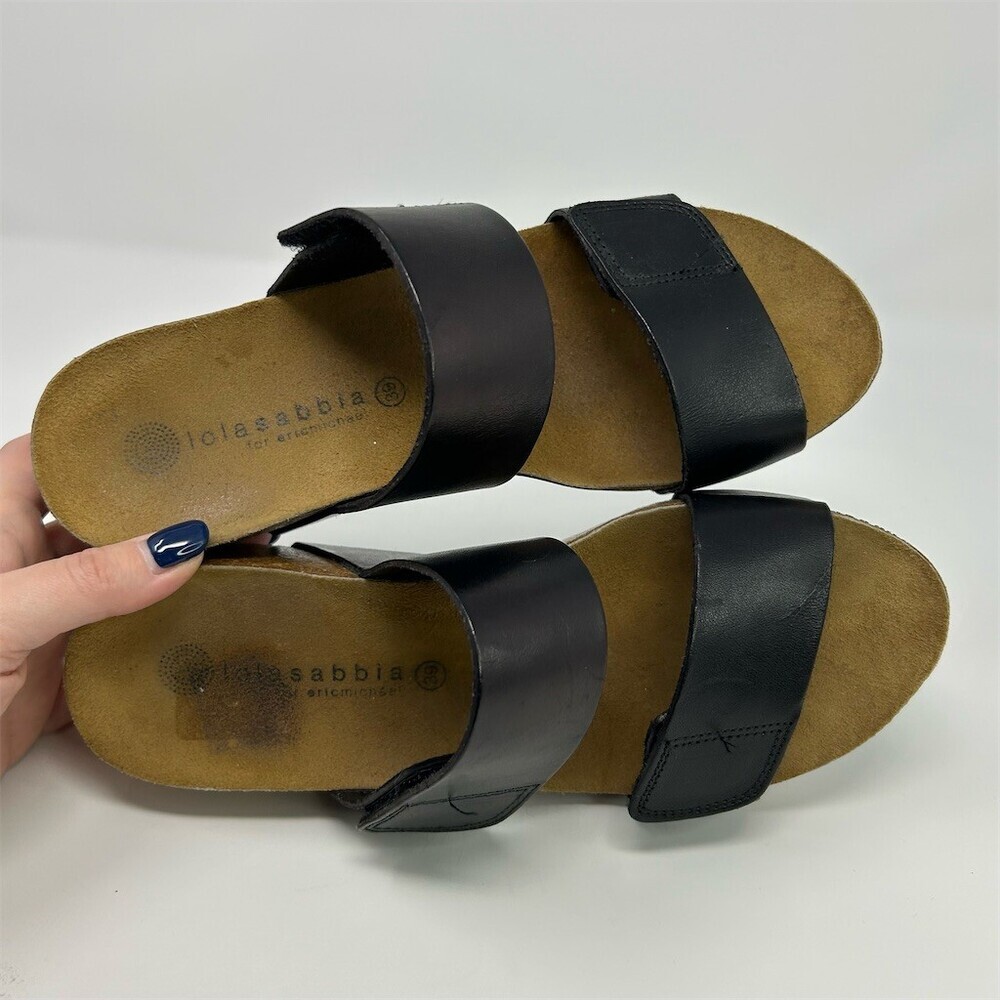 Eric Michael Lily Black Leather Double Strap Wedge Open Toe Sandals EU 39 - Picture 9 of 10